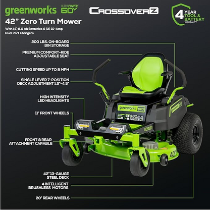 Greenworks 60V 42 Electric CrossoverZ Zero Turn Mower with 8 Ah Batteries and Dual Port Turbo Chargers